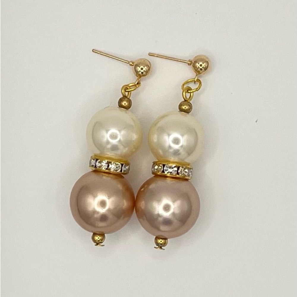 Gold Double Faux Pearl Dangle Earrings with Rhinestone Accent